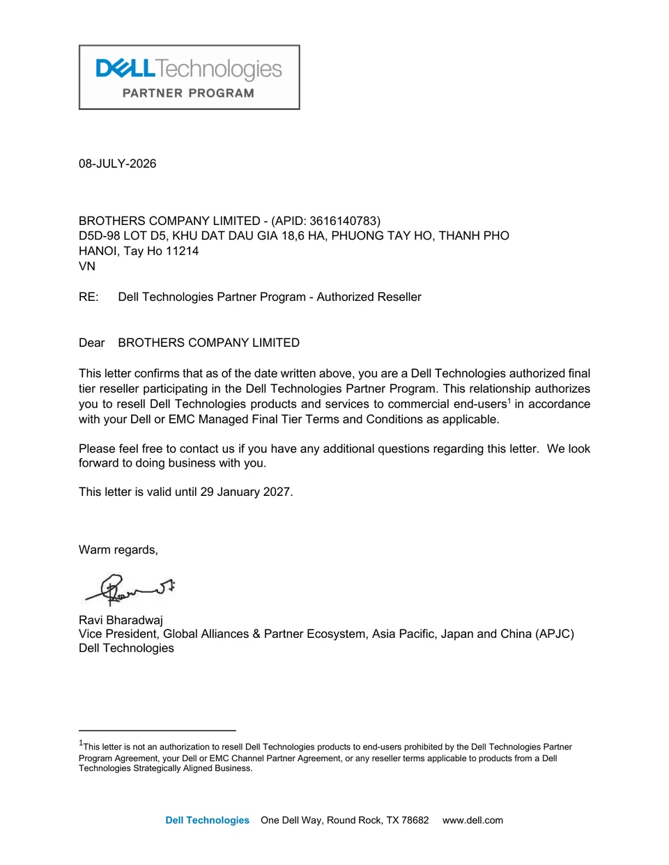 Thư xác nhận Dell Technologies Authorized Reseller của Brothers Company Limited
